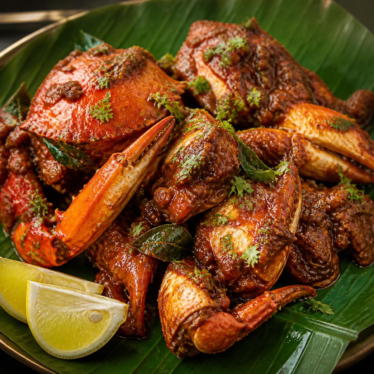 Spicy crab masala fry served at Akka Meen Sapadu, Karaikudi